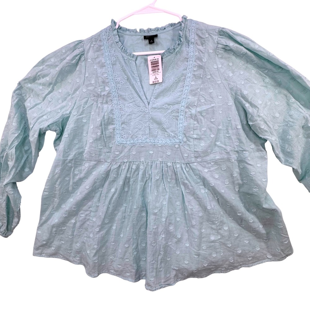 NEW Torrid 2 Clip Dot Eyelet Yoke Detail Top Women 2X Boho Cottagecore Blue